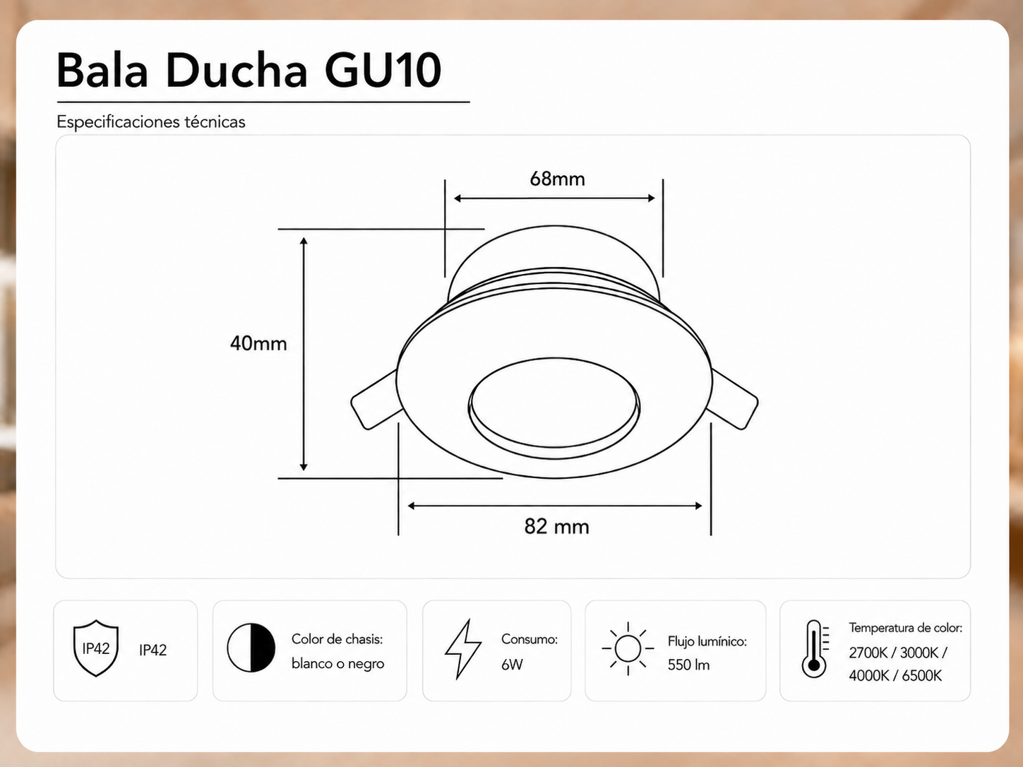 Especificaciones tecnicas Bala Ducha GU10