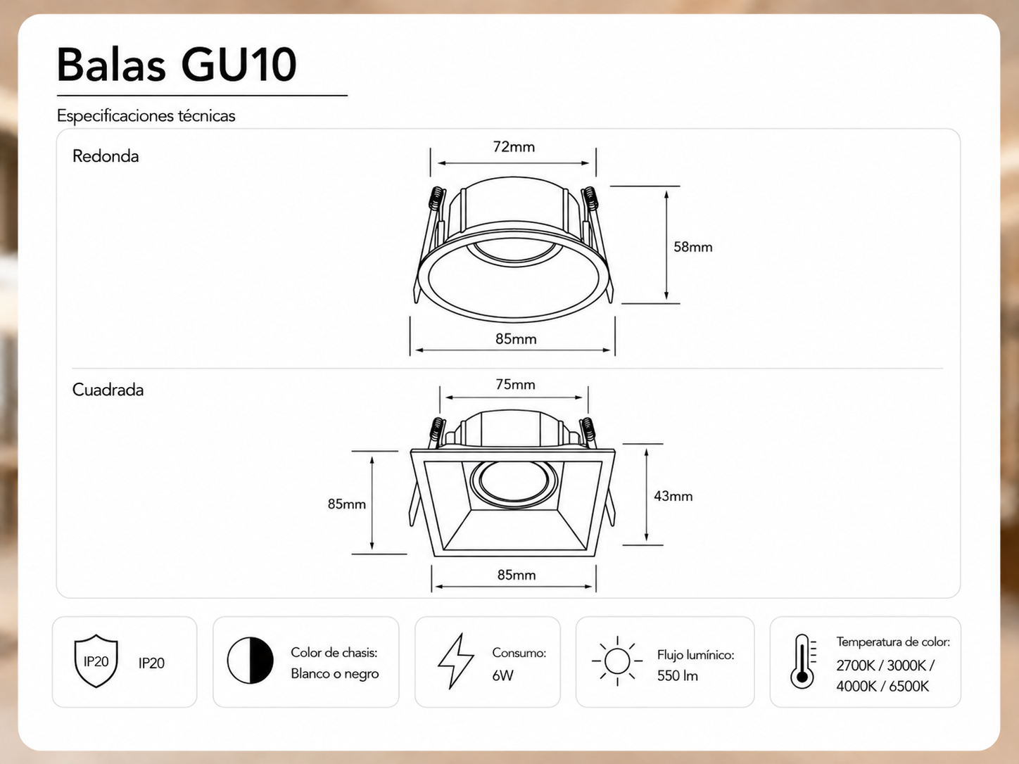 Especificaciones tecnicas Balas GU10