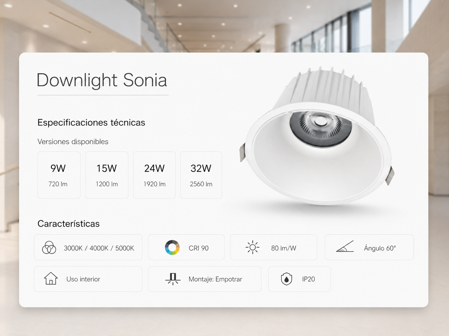 Especificaciones tecnicas Downlight Sonia